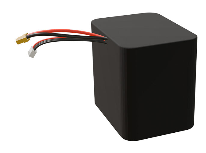 Side-angle render of a 10.8-volt 14000mAh lithium-ion battery, assembled in the USA for compact UAV, drone, and military robotics platforms.