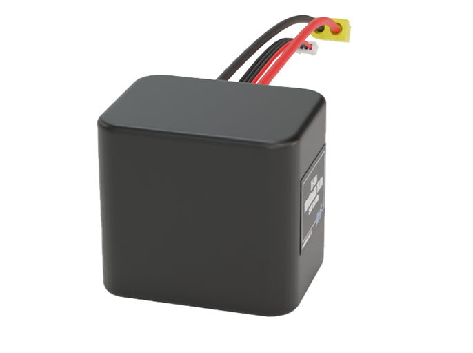 Side-angle render of a 10.8-volt 18000mAh lithium-ion battery, assembled in the USA for compact UAV, drone, and military robotics platforms.