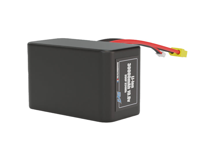 Side-angle render of a 10.8-volt 30000mAh lithium-ion battery, assembled in the USA for compact UAV, drone, and military robotics platforms.