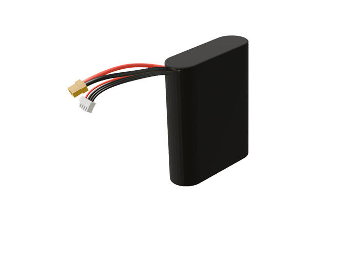 Side-angle render of a 10.8-volt 3500mAh lithium-ion battery, assembled in the USA for compact UAV, drone, and military robotics platforms.