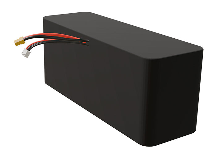 Side-angle render of a 10.8-volt 45000mAh lithium-ion battery, assembled in the USA for compact UAV, drone, and military robotics platforms.