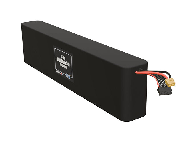 Angled product render of the 10000mAh thirty-cell Li-ion pack. A lightweight energy source for UAV, drone, and robotic builds.