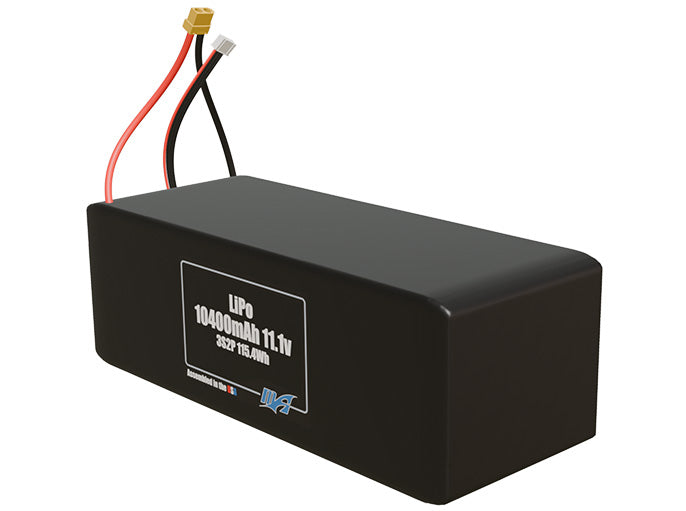 Angled product render of the 10400mAh 6-cell LiPo pack. A lightweight energy source for UAV, drone, and robotic builds.