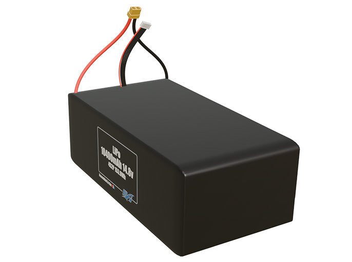 Angled product render of the 10400mAh 8-cell LiPo pack. A lightweight energy source for UAV, drone, and robotic builds.