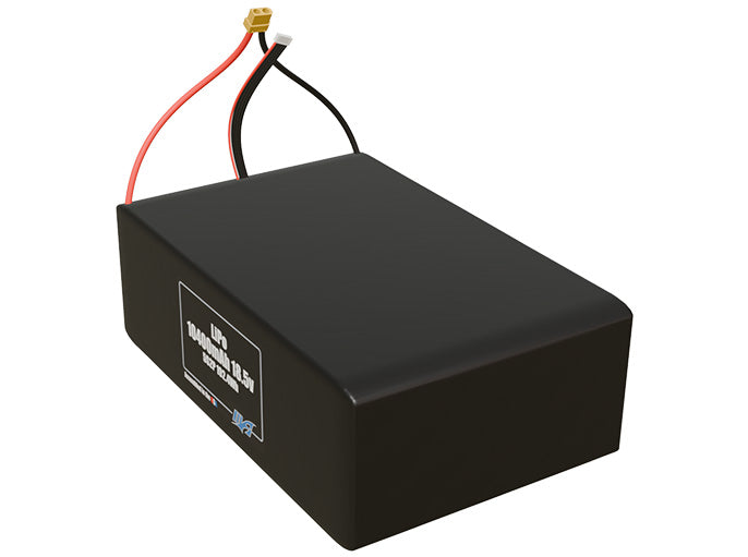 Angled product render of the 10400mAh 10-cell LiPo pack. A lightweight energy source for UAV, drone, and robotic builds.