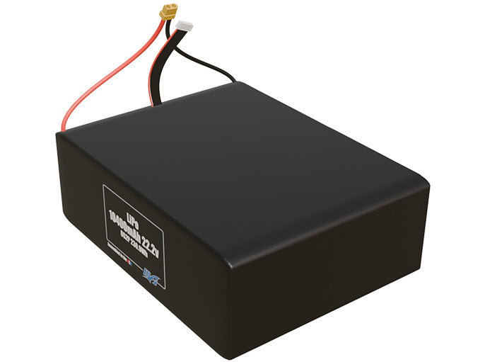 Angled product render of the 10400mAh 12-cell LiPo pack. A lightweight energy source for UAV, drone, and robotic builds.