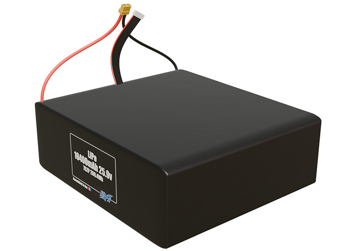 Angled product render of the 10400mAh 14-cell LiPo pack. A lightweight energy source for UAV, drone, and robotic builds.