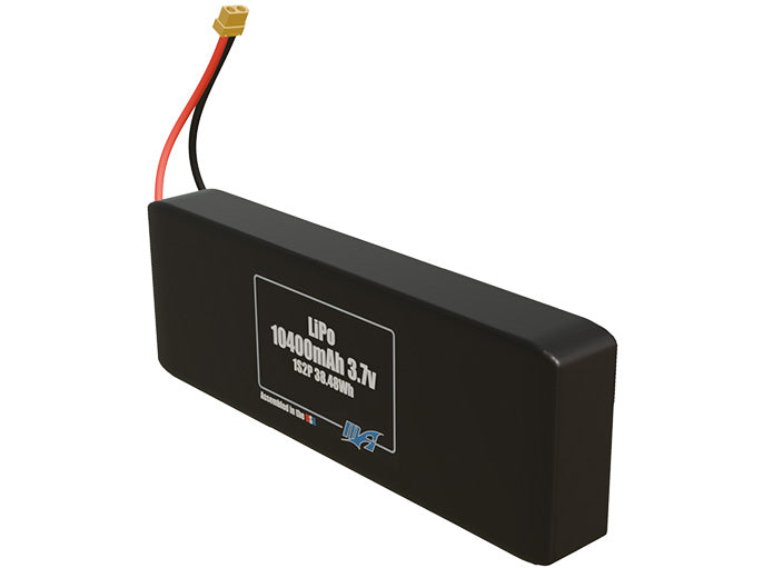 Angled product render of the 10400mAh 2-cell LiPo pack. A lightweight energy source for UAV, drone, and robotic builds.