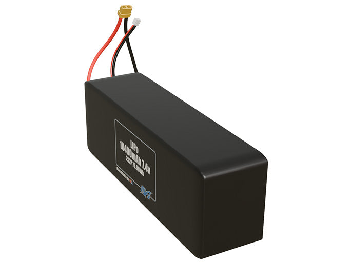 Angled product render of the 10400mAh 4-cell LiPo pack. A lightweight energy source for UAV, drone, and robotic builds.