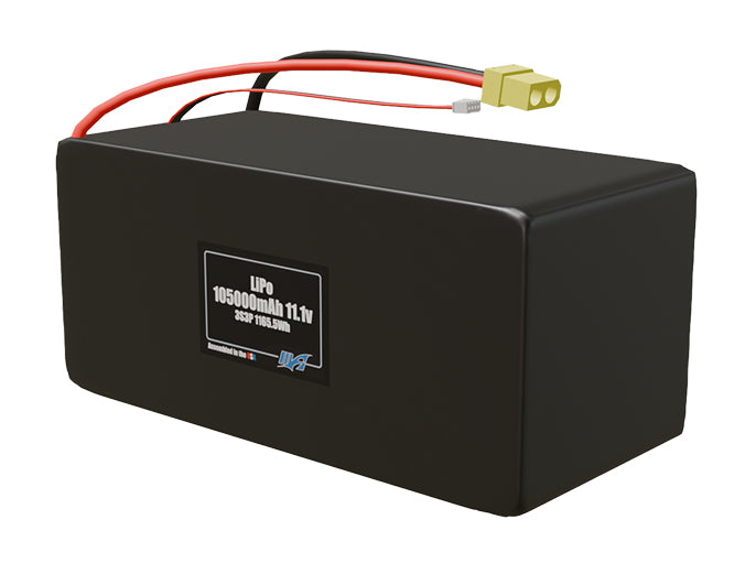 Angled product render of the 105000mAh 9-cell LiPo pack. A lightweight energy source for UAV, drone, and robotic builds.