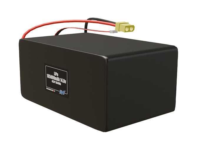 Angled product render of the 105000mAh 12-cell LiPo pack. A lightweight energy source for UAV, drone, and robotic builds.
