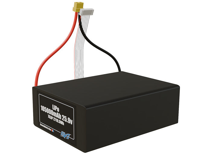 Angled product render of the 105000mAh 21-cell LiPo pack. A lightweight energy source for UAV, drone, and robotic builds.