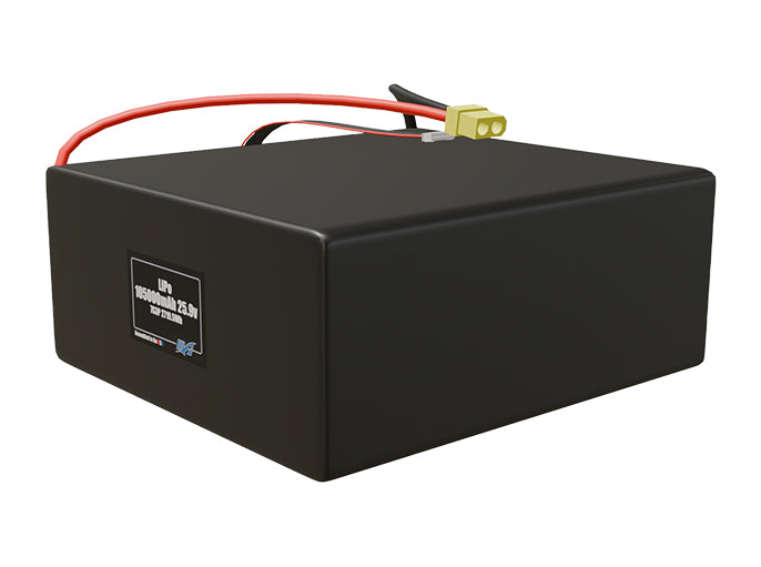 Angled product render of the 105000mAh 21-cell LiPo pack. A lightweight energy source for UAV, drone, and robotic builds.