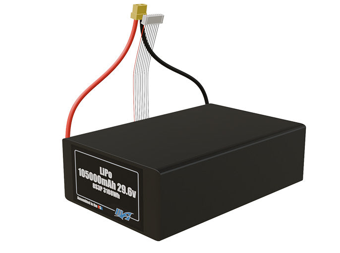 Angled product render of the 105000mAh 24-cell LiPo pack. A lightweight energy source for UAV, drone, and robotic builds.