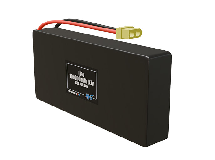 Angled product render of the 105000mAh 3-cell LiPo pack. A lightweight energy source for UAV, drone, and robotic builds.