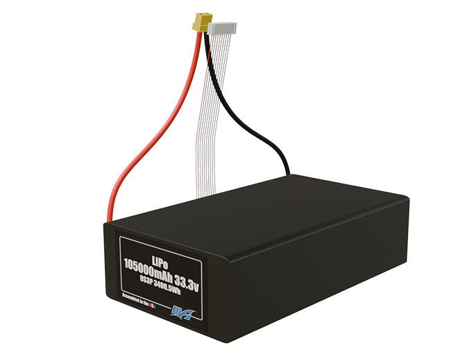 Angled product render of the 105000mAh 27-cell LiPo pack. A lightweight energy source for UAV, drone, and robotic builds.