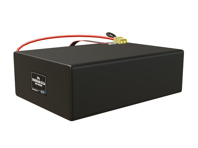 Angled product render of the 105000mAh 27-cell LiPo pack. A lightweight energy source for UAV, drone, and robotic builds.