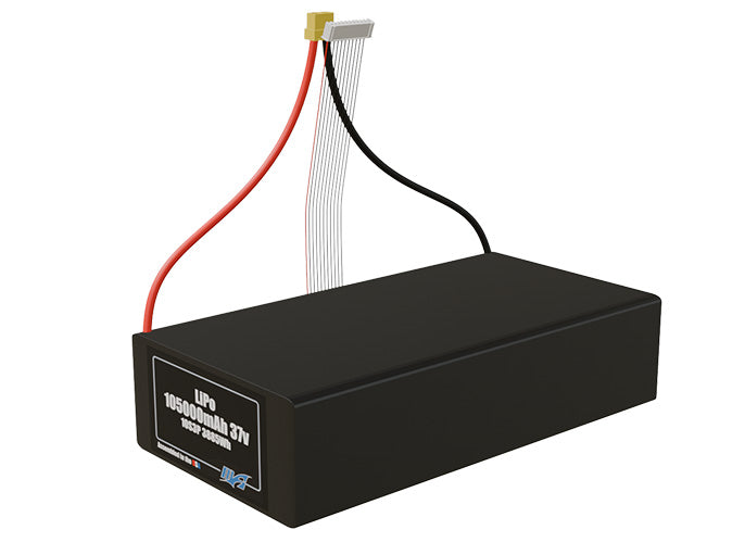 Angled product render of the 105000mAh 30-cell LiPo pack. A lightweight energy source for UAV, drone, and robotic builds.