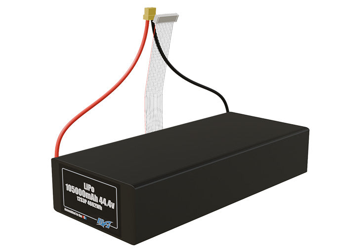 Angled product render of the 105000mAh 36-cell LiPo pack. A lightweight energy source for UAV, drone, and robotic builds.