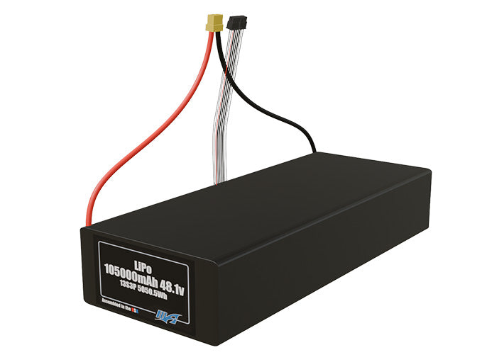 Angled product render of the 105000mAh 39-cell LiPo pack. A lightweight energy source for UAV, drone, and robotic builds.