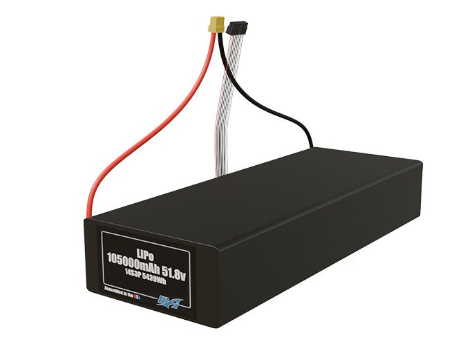 Angled product render of the 105000mAh 42-cell LiPo pack. A lightweight energy source for UAV, drone, and robotic builds.