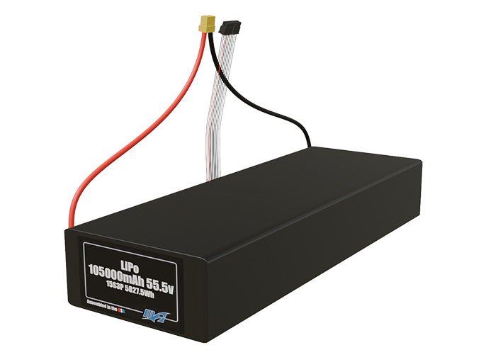 Angled product render of the 105000mAh 45-cell LiPo pack. A lightweight energy source for UAV, drone, and robotic builds.