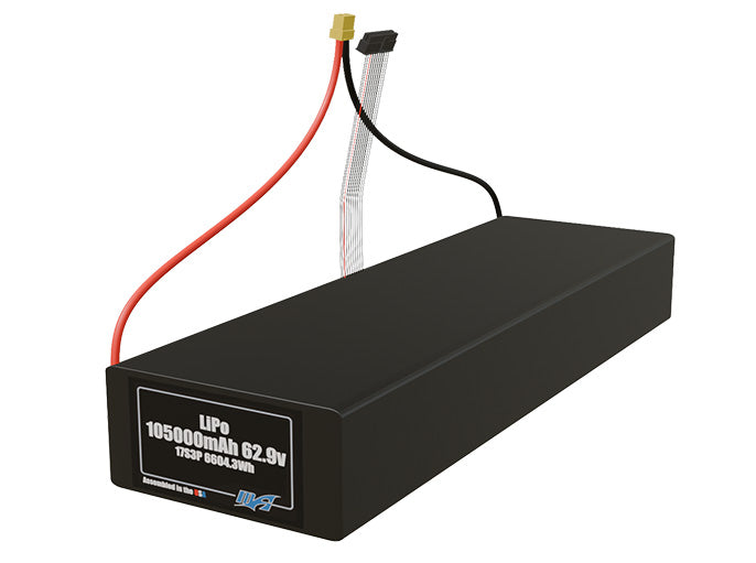 Angled product render of the 105000mAh 51-cell LiPo pack. A lightweight energy source for UAV, drone, and robotic builds.