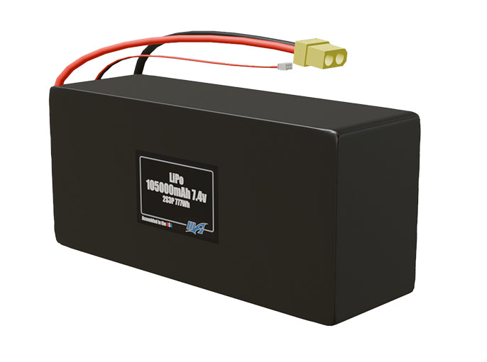 Angled product render of the 105000mAh 6-cell LiPo pack. A lightweight energy source for UAV, drone, and robotic builds.