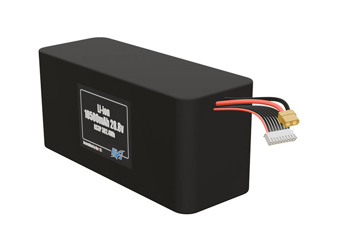 Angled product render of the 10500mAh twenty-four-cell Li-ion pack. A lightweight energy source for UAV, drone, and robotic builds.