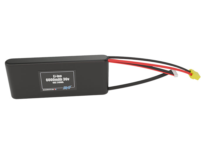 Front-facing render of the 36V 6000mAh 10S Li-ion battery, assembled in the USA by maxamps, for drone and robotics applications.