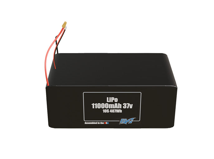 Front-facing render of the 37V 11000mAh 10S LiPo battery, assembled in the USA by maxamps, for drone and robotics applications.