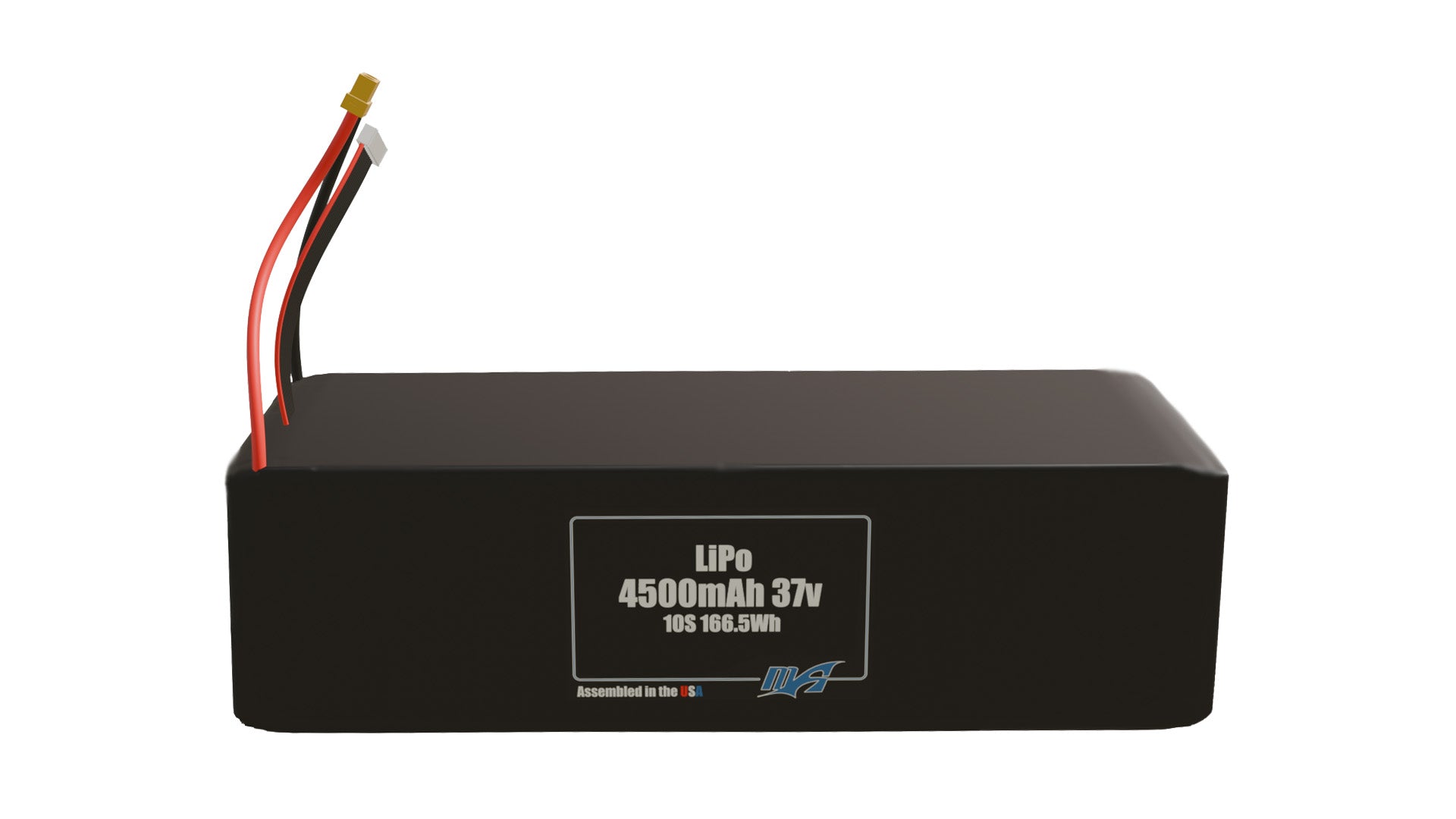Front-facing render of the 37V 4500mAh 10S LiPo battery, assembled in the USA by maxamps, for drone and robotics applications.