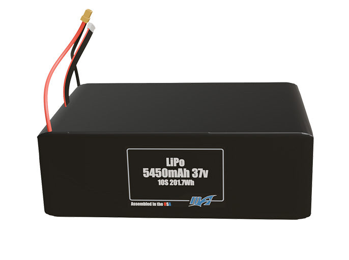 Front-facing render of the 37V 5450mAh 10S LiPo battery, assembled in the USA by maxamps, for drone and robotics applications.