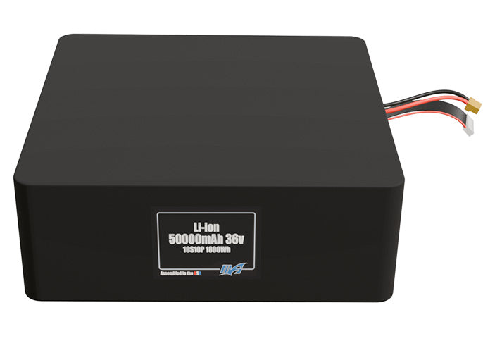 Front-facing render of the 36V 50000mAh 10S10P Lithium-Ion battery, assembled in the USA by maxamps, for drone and robotics applications.