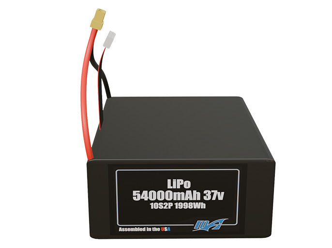 Front-facing render of the 37V 54000mAh 10S2P LiPo battery, assembled in the USA by maxamps, for drone and robotics applications.