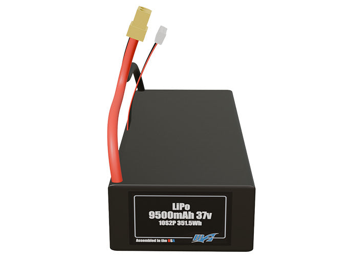 Front-facing render of the 37V 9500mAh 10S2P LiPo battery, assembled in the USA by maxamps, for drone and robotics applications.