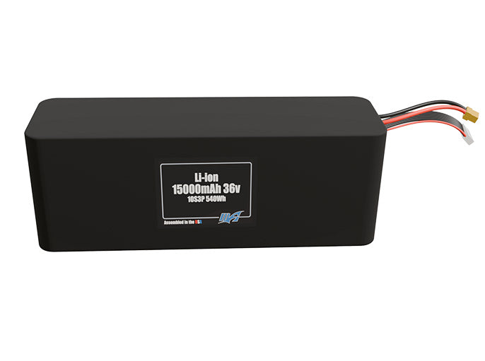 Front-facing render of the 36V 15000mAh 10S3P Lithium-Ion battery, assembled in the USA by maxamps, for drone and robotics applications.