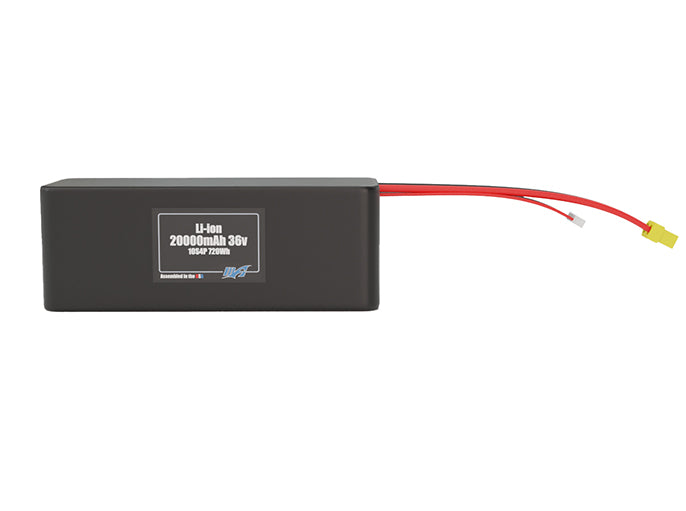 Front-facing render of the 36V 20000mAh 10S4P Lithium-Ion battery, assembled in the USA by maxamps, for drone and robotics applications.