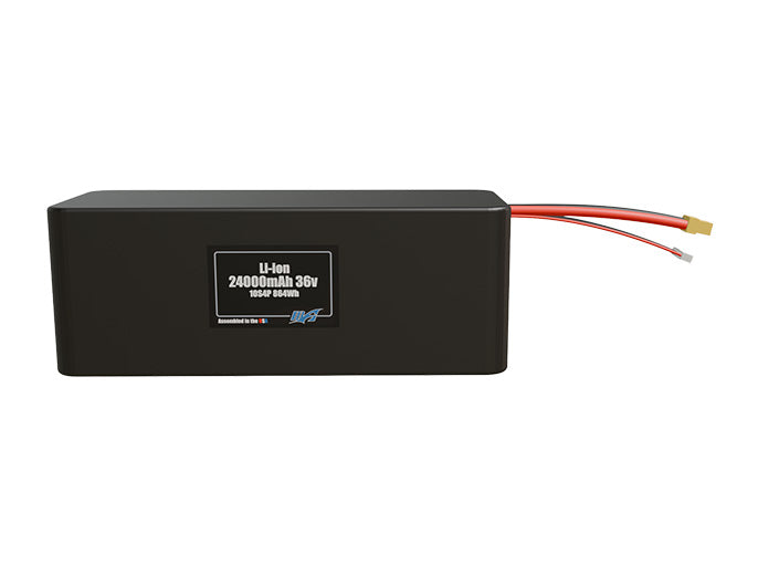 Front-facing render of the 36V 24000mAh 10S4P Lithium-Ion battery, assembled in the USA by maxamps, for drone and robotics applications.