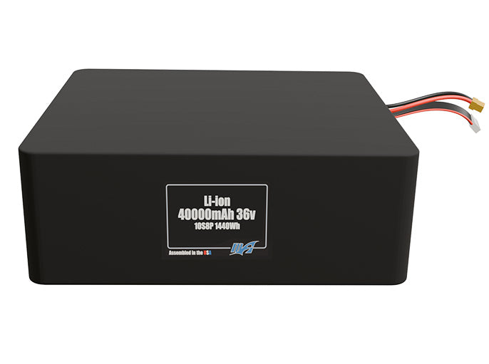 Front-facing render of the 36V 40000mAh 10S8P Lithium-Ion battery, assembled in the USA by maxamps, for drone and robotics applications.
