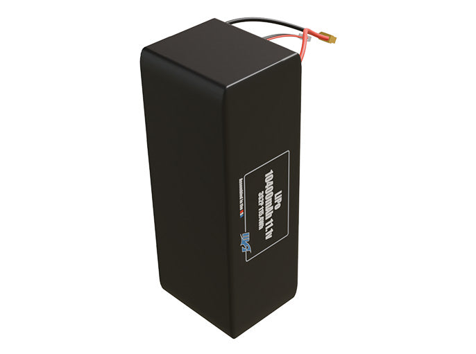 Side-angle render of a 11.1-volt 10400mAh lithium-polymer battery, assembled in the USA for compact UAV, drone, and military robotics platforms.