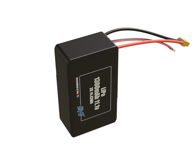 Side-angle render of a 11.1-volt 1300mAh lithium-polymer battery, assembled in the USA for compact UAV, drone, and military robotics platforms.