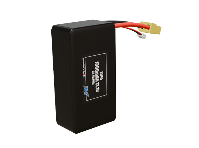 Side-angle render of a 11.1-volt 1300mAh lithium-polymer battery, assembled in the USA for compact UAV, drone, and military robotics platforms.