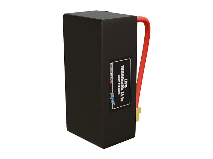 Side-angle render of a 11.1-volt 16000mAh lithium-polymer battery, assembled in the USA for compact UAV, drone, and military robotics platforms.