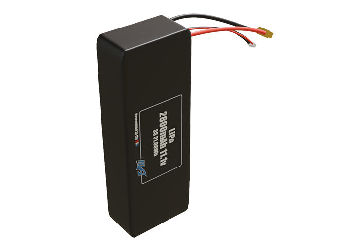 Side-angle render of a 11.1-volt 2800mAh lithium-polymer battery, assembled in the USA for compact UAV, drone, and military robotics platforms.