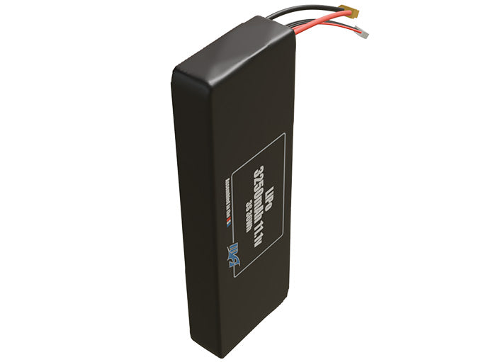 Side-angle render of a 11.1-volt 3250mAh lithium-polymer battery, assembled in the USA for compact UAV, drone, and military robotics platforms.