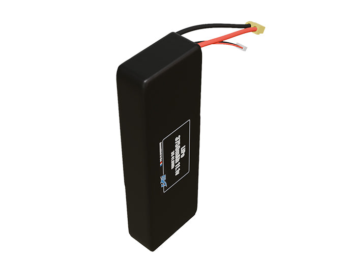 Side-angle render of a 11.1-volt 3750mAh lithium-polymer battery, assembled in the USA for compact UAV, drone, and military robotics platforms.