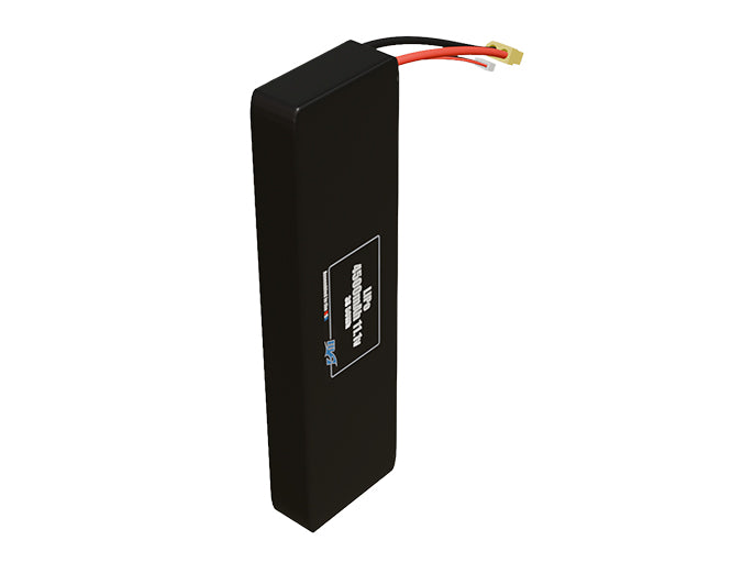 Side-angle render of a 11.1-volt 4500mAh lithium-polymer battery, assembled in the USA for compact UAV, drone, and military robotics platforms.