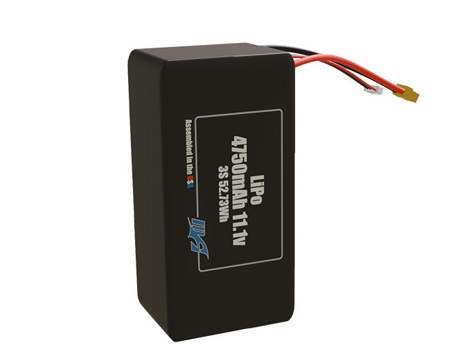 Side-angle render of a 11.1-volt 4750mAh lithium-polymer battery, assembled in the USA for compact UAV, drone, and military robotics platforms.