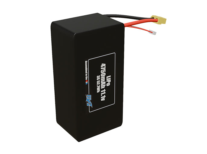 Side-angle render of a 11.1-volt 4750mAh lithium-polymer battery, assembled in the USA for compact UAV, drone, and military robotics platforms.